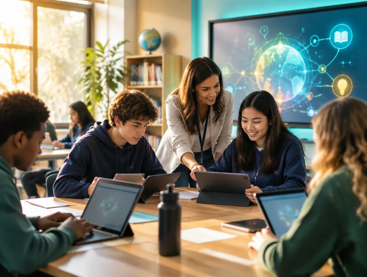 Students learning with tablets in a smart classroom