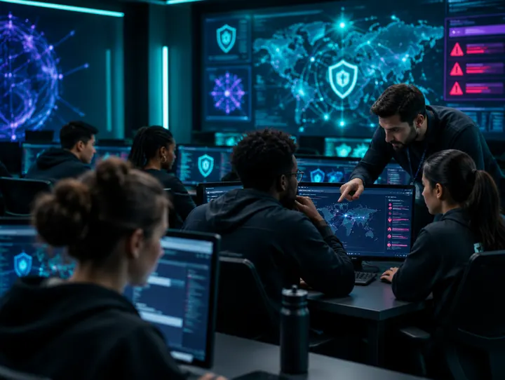 Cyber security trainees in a security operations centre lab