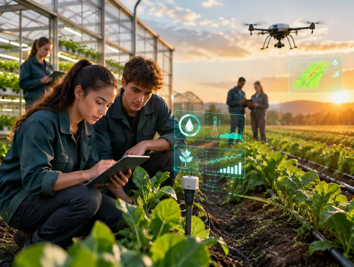 Smart agriculture students using drones and sensors in the field
