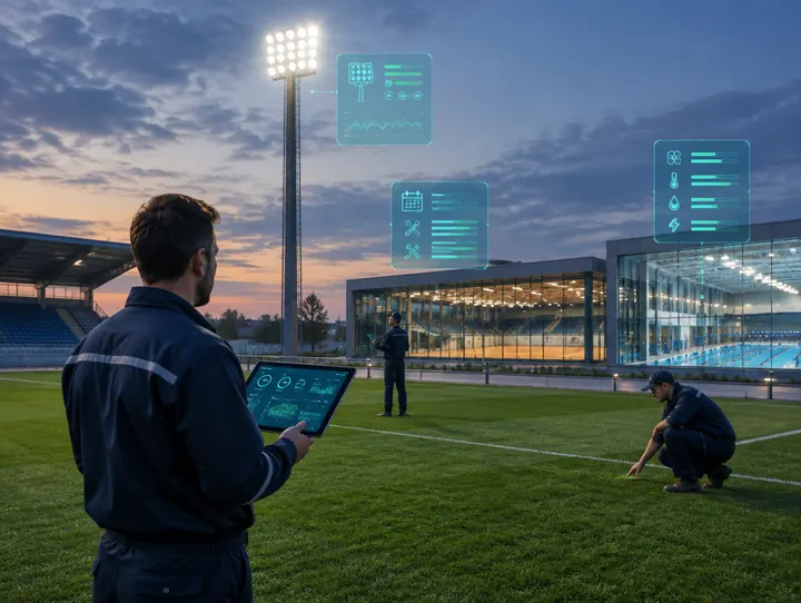 Technicians maintaining a modern sports complex pitch and floodlights