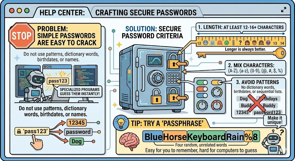 Password security comparison table showing weak passwords versus strong multi-character passphrases