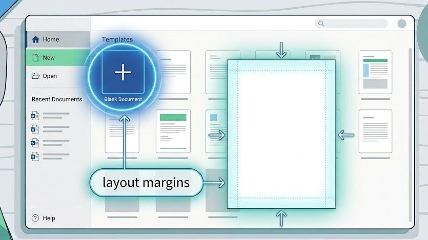 Opening screen of a word processor highlighting blank document button and layout margins
