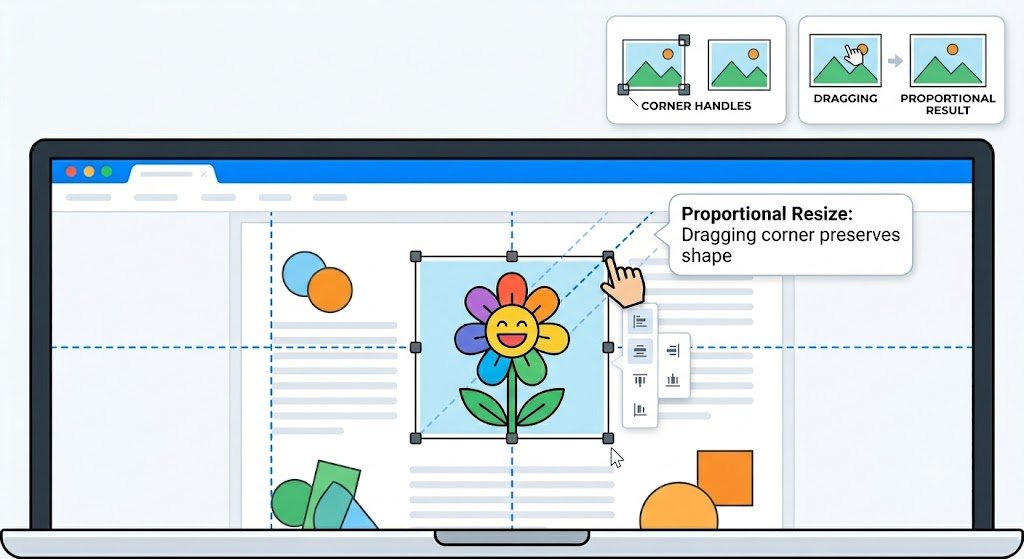 Image inserting layout with alignment controls and resize handles on the corners