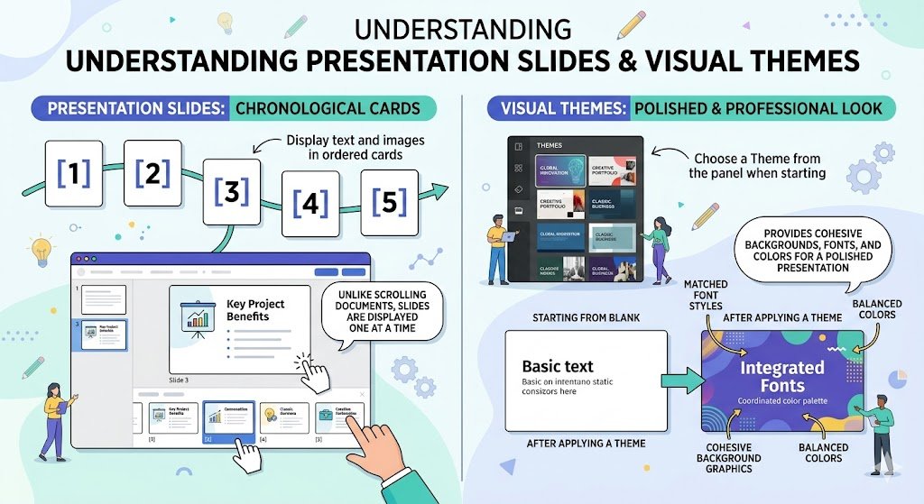 Presentation editor sidebar showing slide order list and main visual theme picker panel