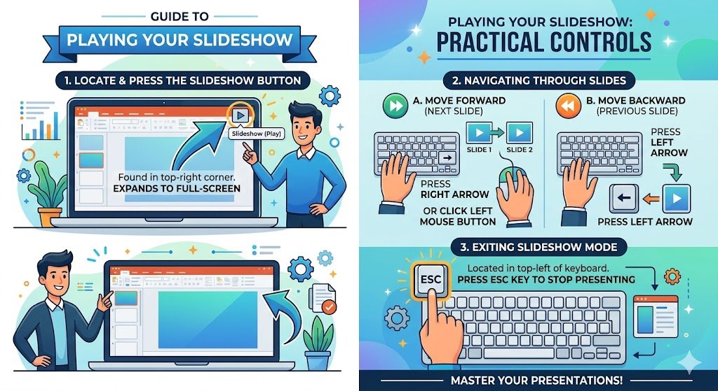 Full screen slideshow playback interface with navigation guide