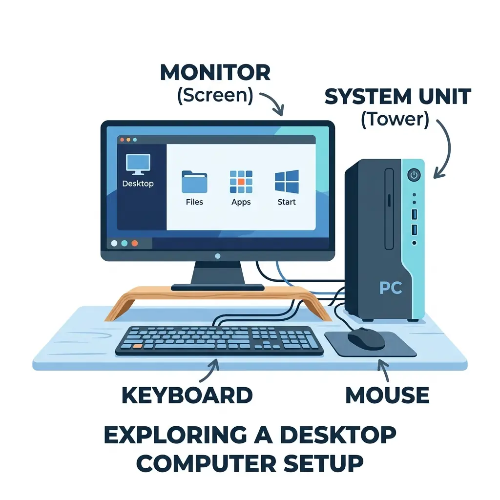 Desktop computer setup diagram identifying monitor, tower system unit, keyboard, and mouse