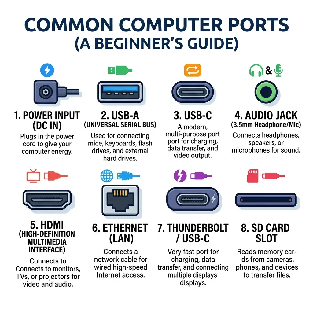 Close-up of common computer ports: USB, audio, and power inputs