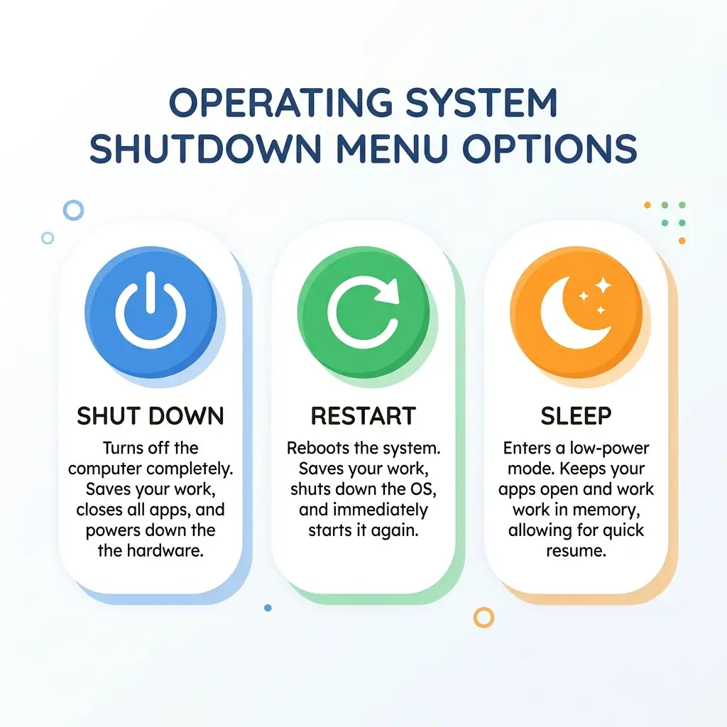 Graphic of typical operating system start menu highlighting the Shut Down, Restart, and Sleep buttons