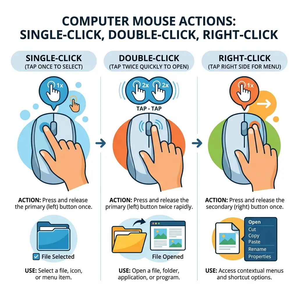 Visual representation of single click, double click, and right click actions on a mouse