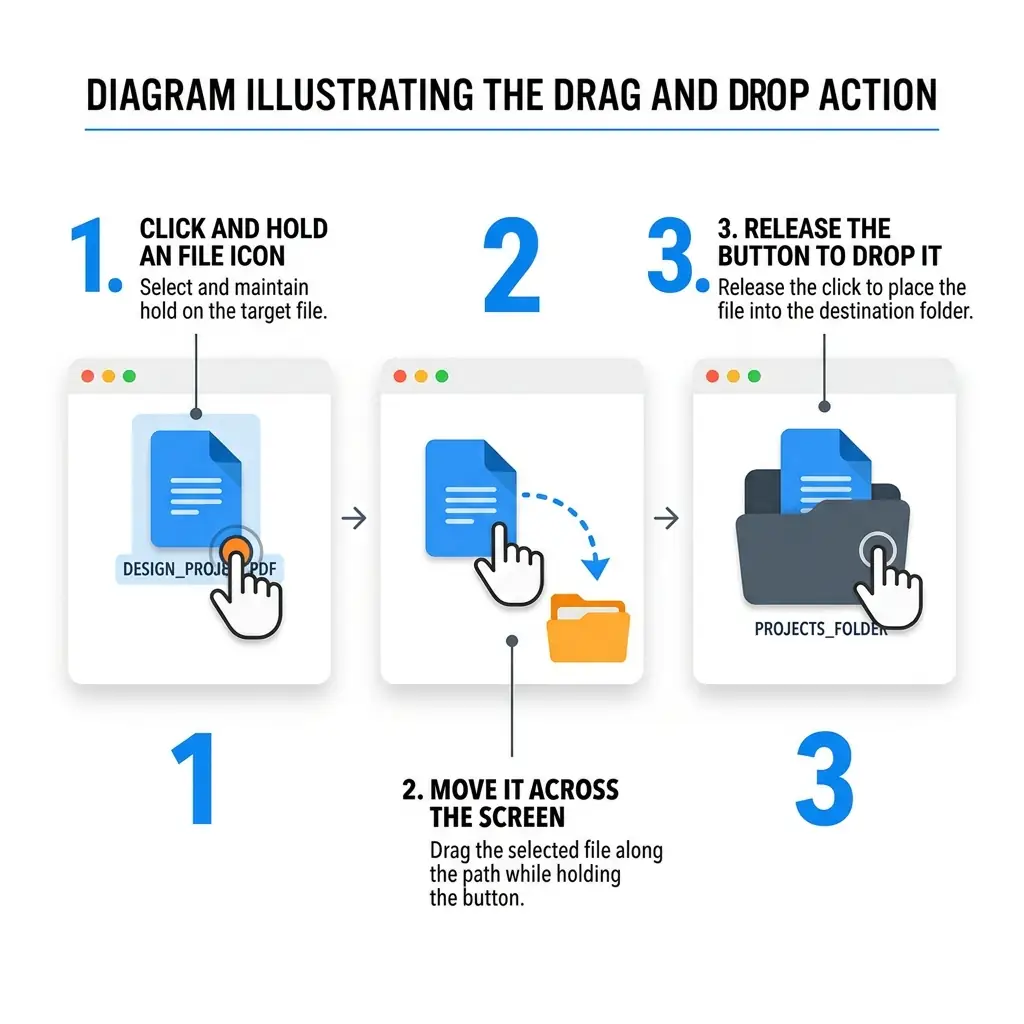 Diagram illustrating the drag and drop action moving an file icon into a folder