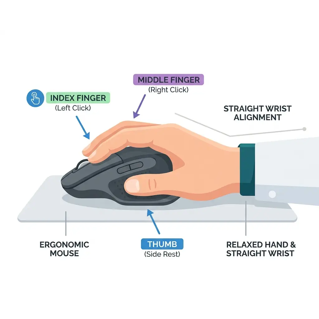 Ergonomic hand placement on a computer mouse showing fingers resting on buttons and straight wrist