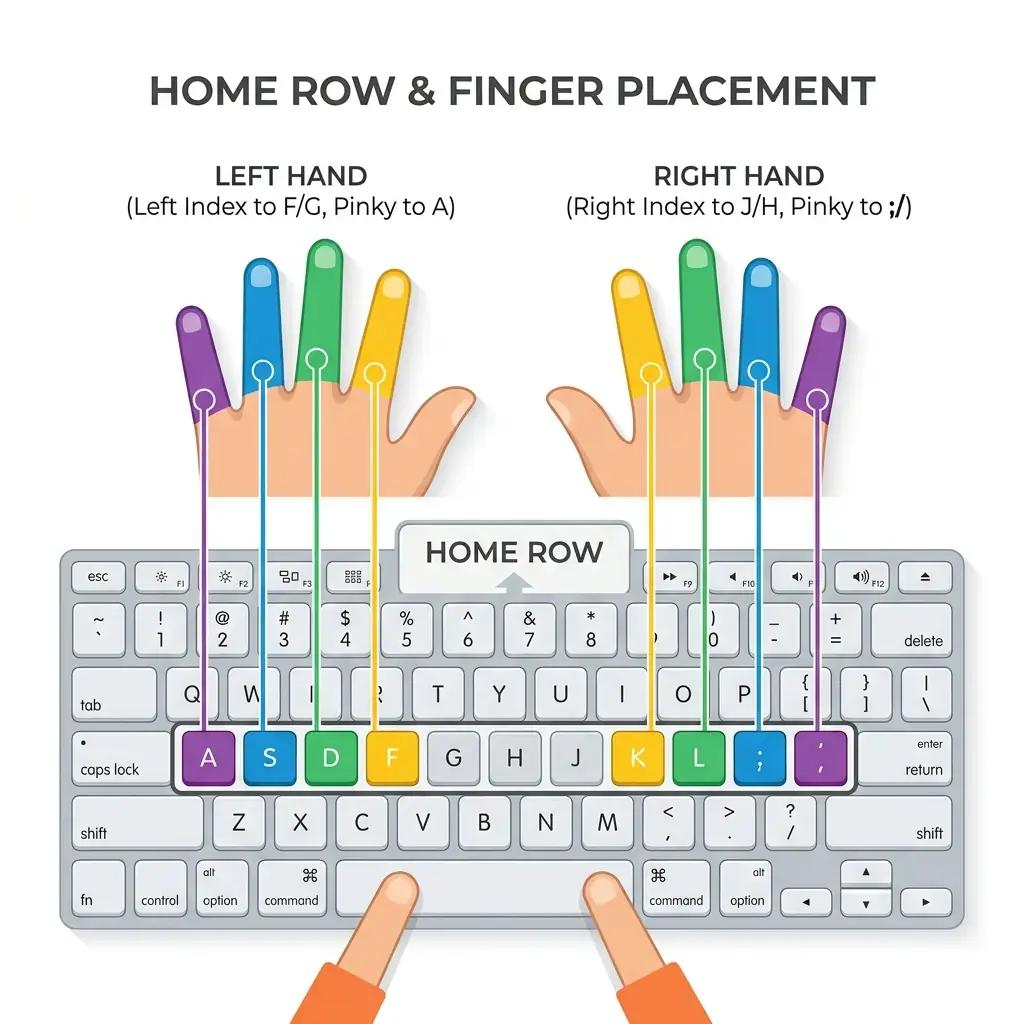 Keyboard layout highlighting home row keys ASDF and JKL; with finger alignment guides