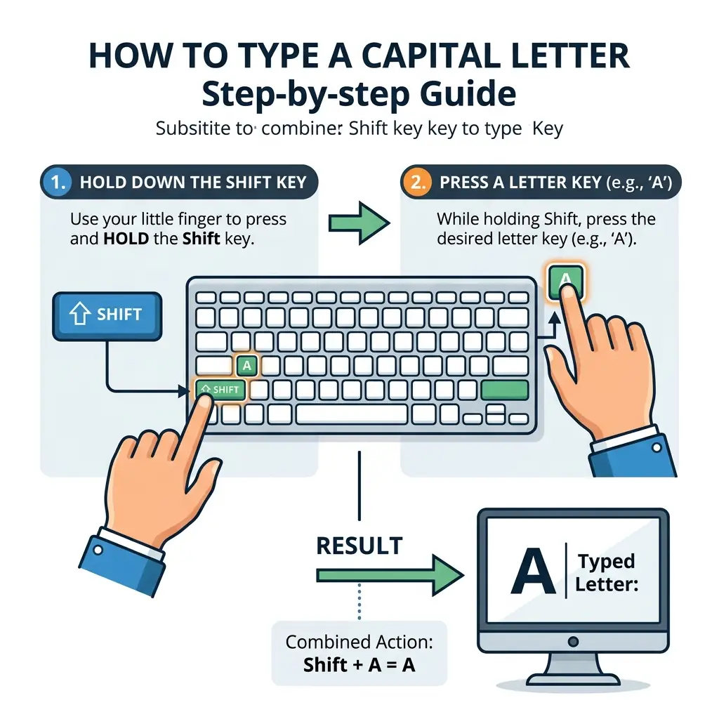 Diagram showing how to hold the Shift key to type capital letters and upper symbols