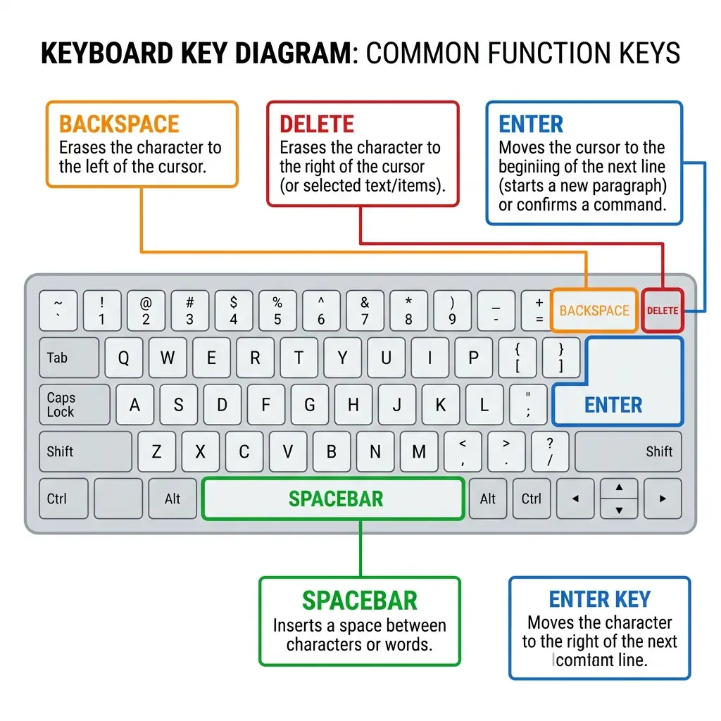 Diagram highlighting Backspace, Delete, Enter, and Spacebar keys on a keyboard