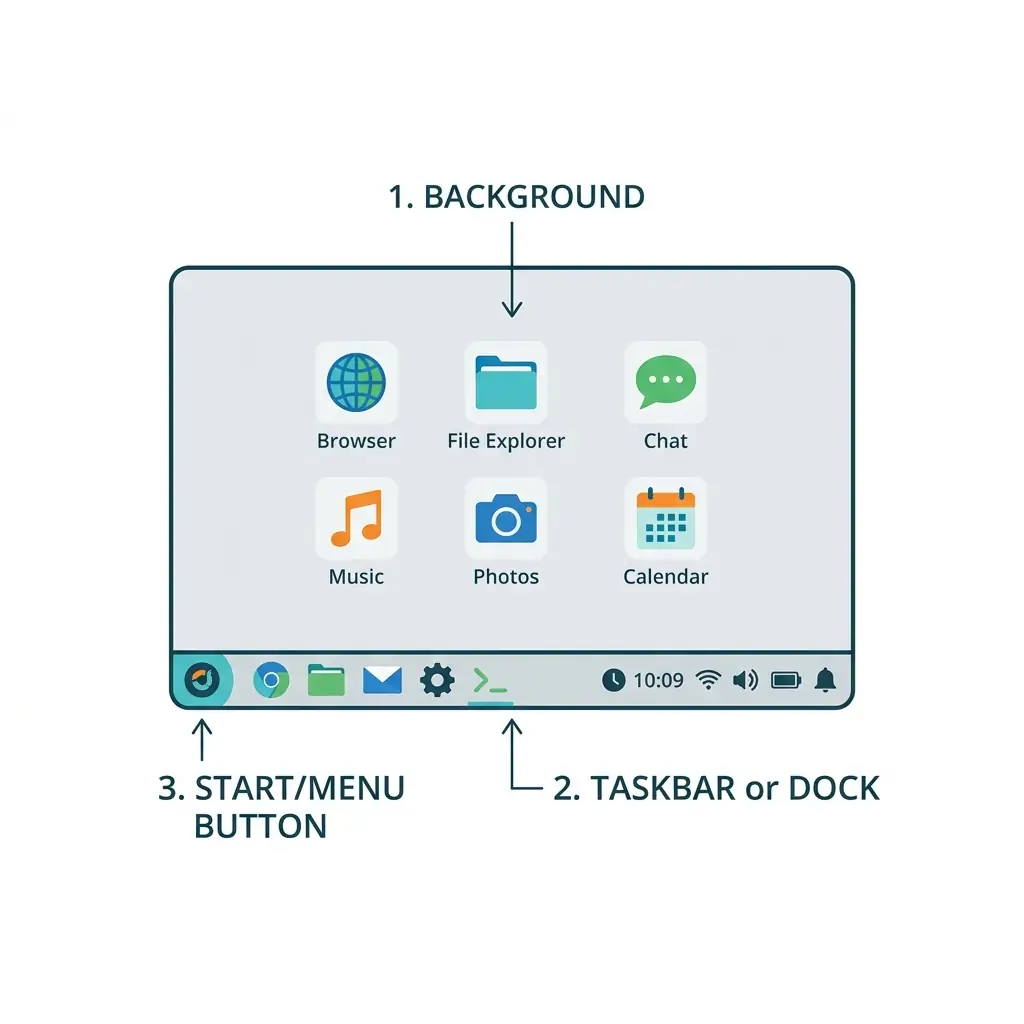 Anatomy of a desktop operating system showing icons, start button, and taskbar