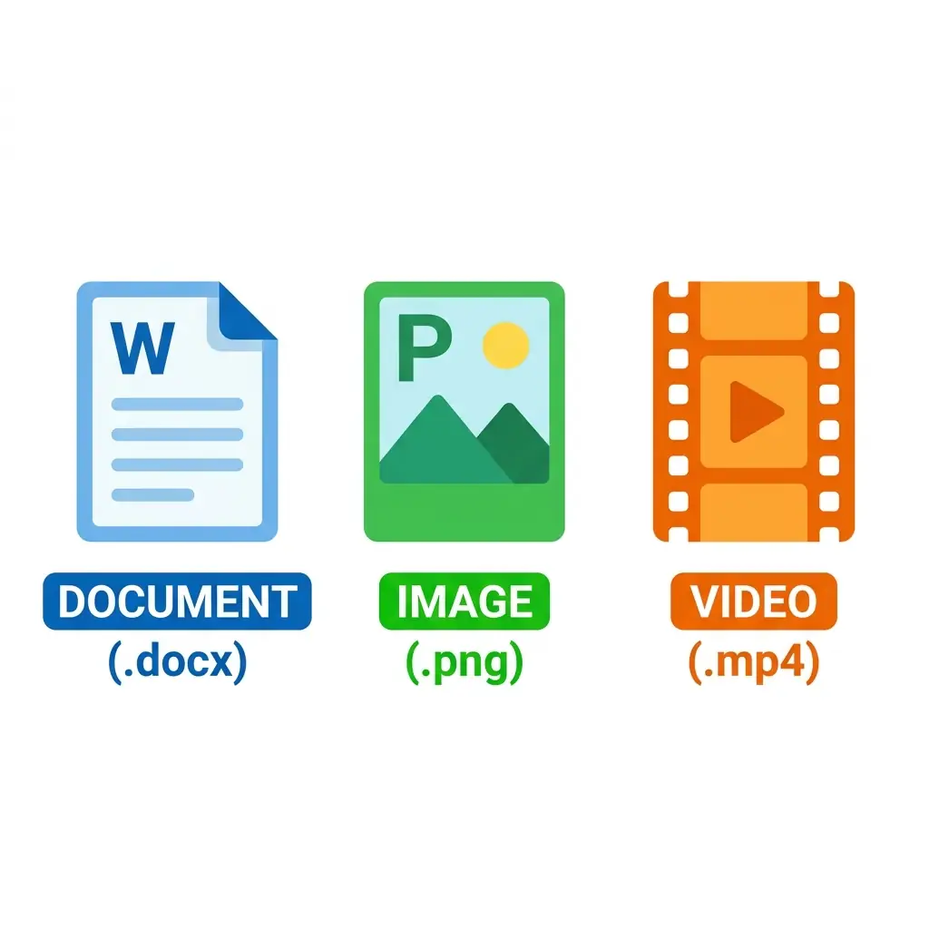 Icons of file extensions: .docx document, .webp image, .mp4 video
