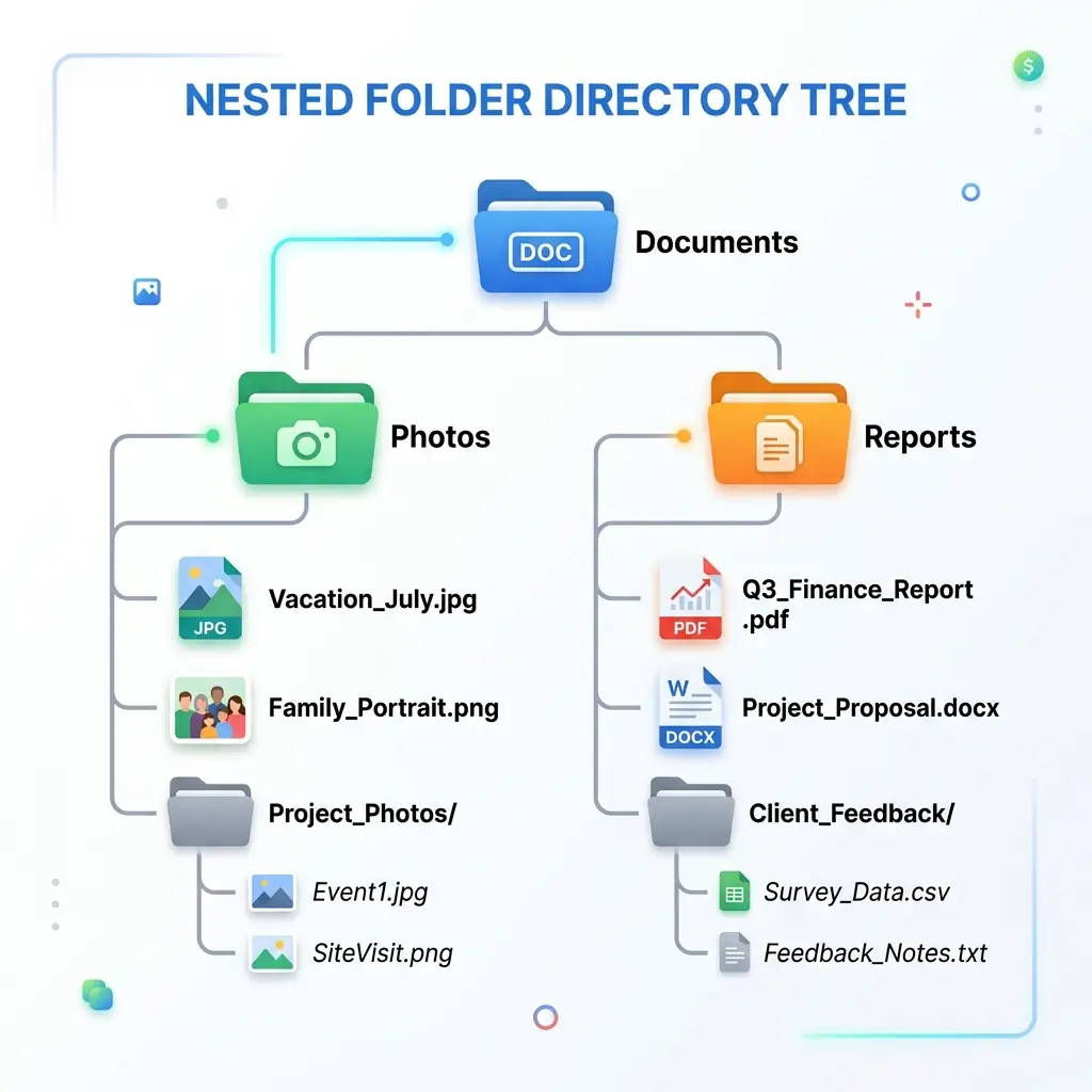 Directory tree diagram showing parent folder Documents with subfolders and files inside