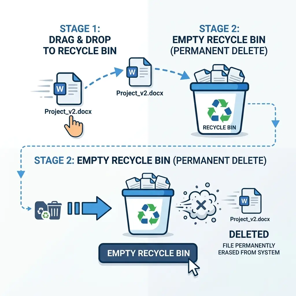 File being dragged into recycle bin icon, and empty recycle bin popup option