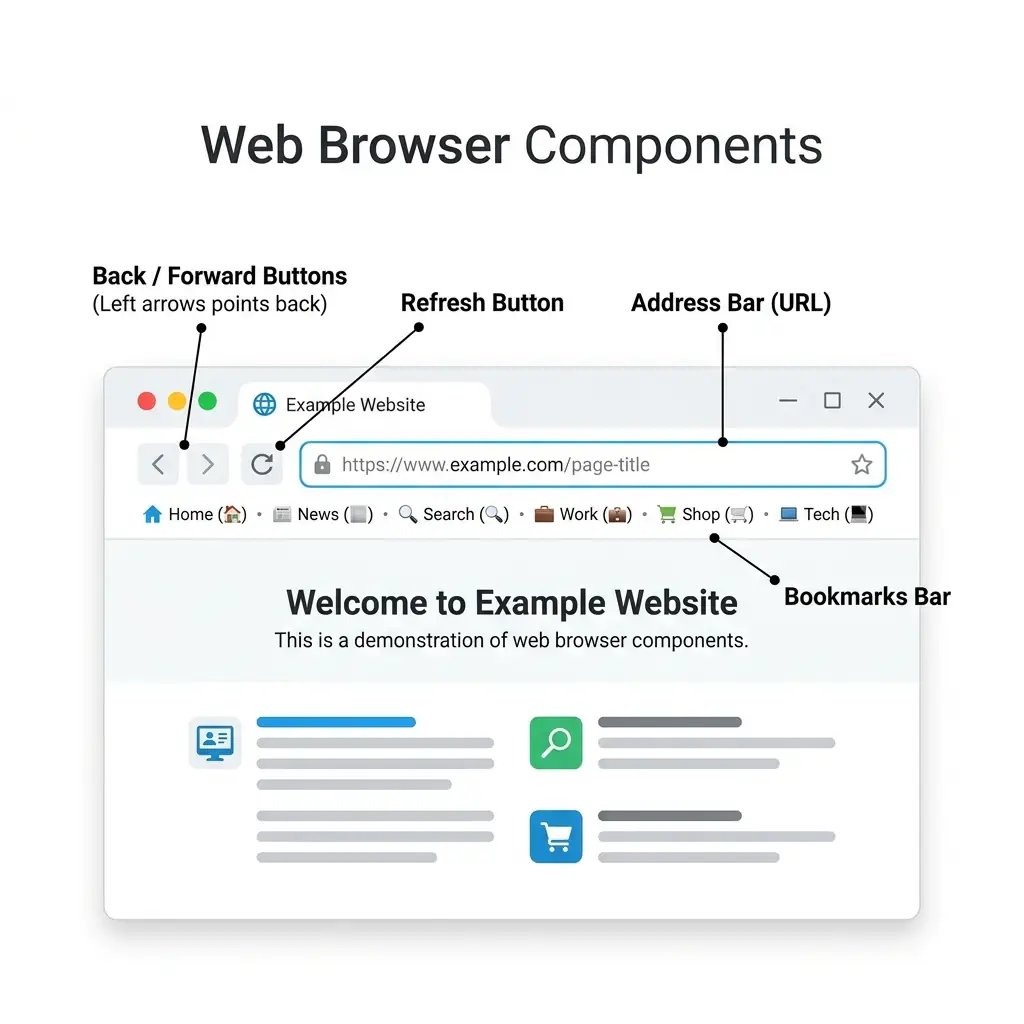 Labeled web browser layout highlighting address bar, back, forward, refresh and bookmark icons