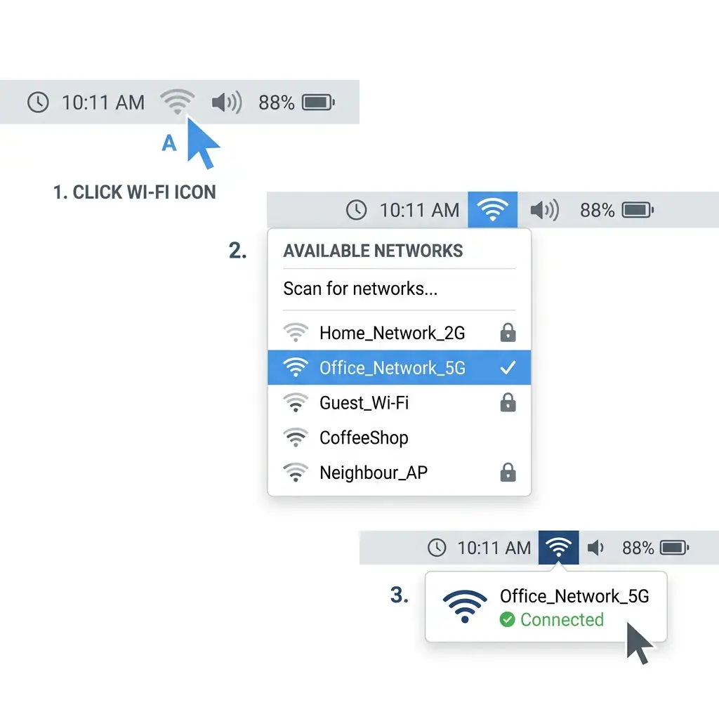 Wi-Fi icon on the system menu bar highlighting network connection states